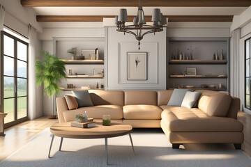 Modern Livingroom with sofa. Stylish Interior Design Background. Generative AI.
