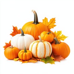 Autumn display of pumpkins and squash surrounded by colorful leaves