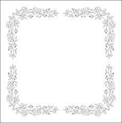 Black and white floral frame with leaves and thunbergia flowers, decorative corners for greeting cards, banners, business cards, invitations, menus. Isolated vector illustration.	
