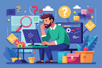 Fototapeta premium A man sits at his home office desk, thoughtfully searching for solutions to various computer errors while surrounded by digital tools and graphics