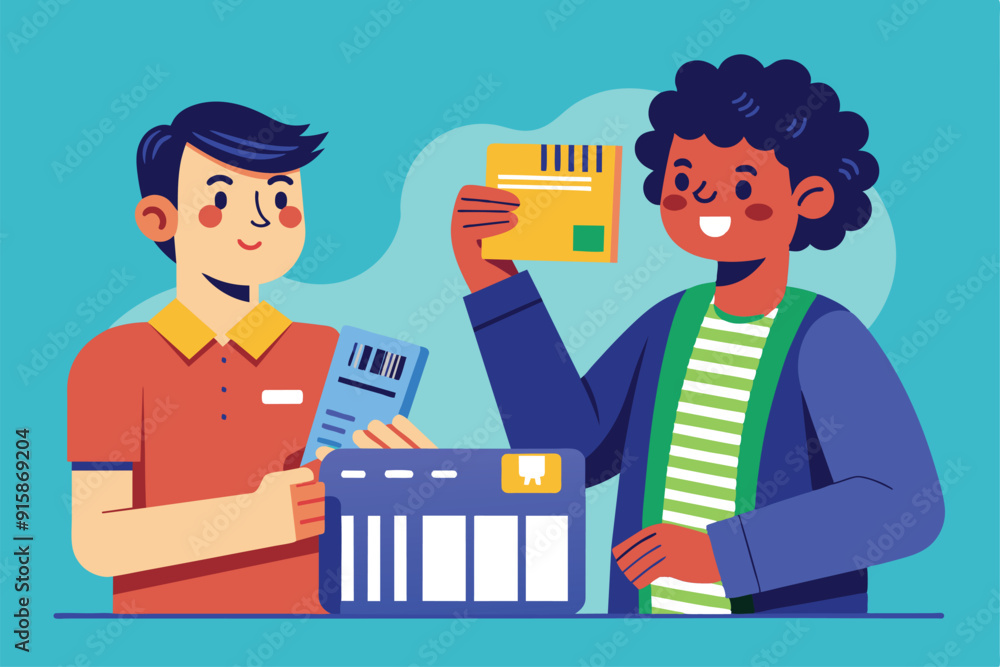 Poster a man completes a payment by scanning a barcode while another man holds a shipping package and a rec
