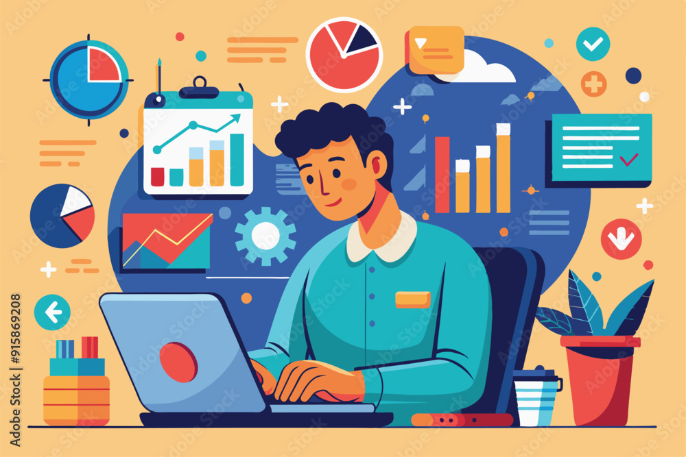 Poster a focused individual works at his desk, analyzing data and managing charts in a colorful office sett