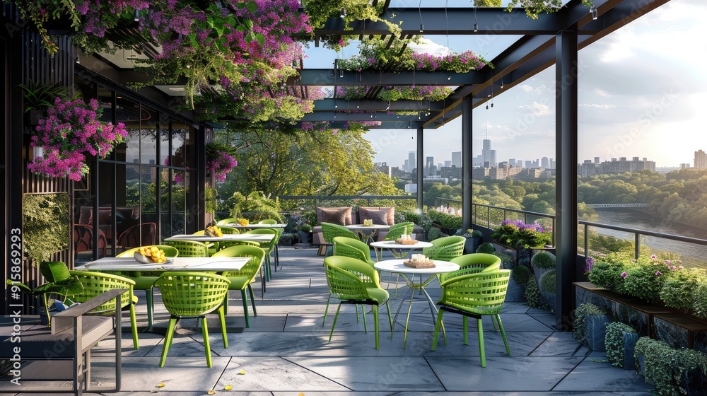 Poster a chic rooftop terrace with a black structure, square marble tables, and lime green metal chairs wit