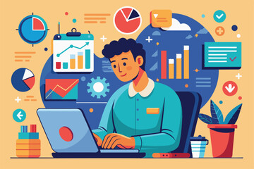 A focused individual works at his desk, analyzing data and managing charts in a colorful office setting filled with various visual data representations