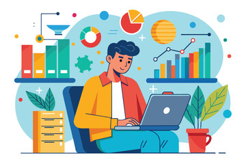 A man is focused on managing data using a laptop, surrounded by charts, graphs, and office supplies in a contemporary workspace