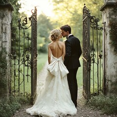 European couple in black tie wedding attire kissing by old iron gate in lush garden   jose villa