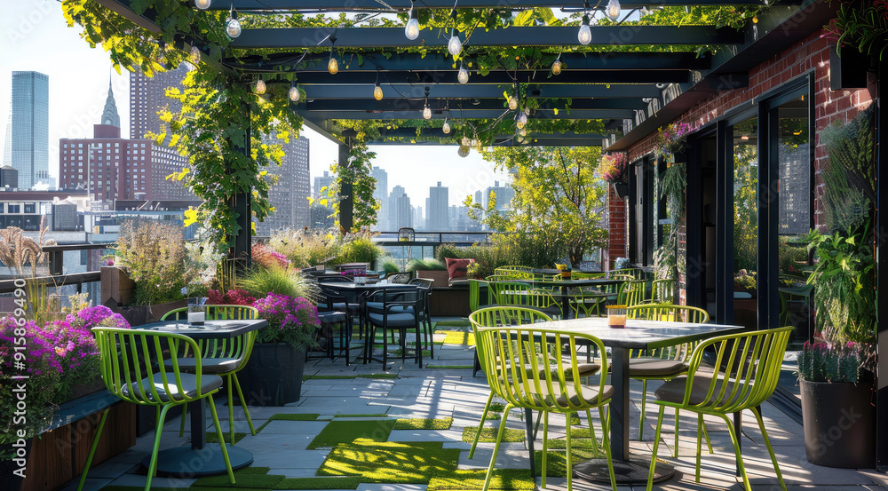 Poster a chic rooftop terrace with a black structure, square marble tables, and lime green metal chairs wit