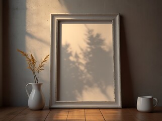 Wooden frame leaning on white floor in interior mockup.  Poster mockup. Clean, modern, minimal frame.