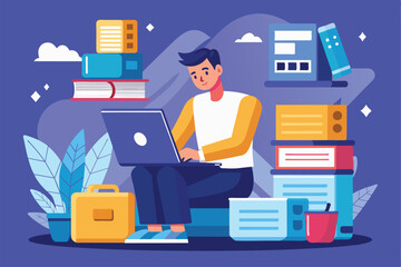 A man is focused on saving and organizing documents and folders on his laptop in a cozy and productive home workspace