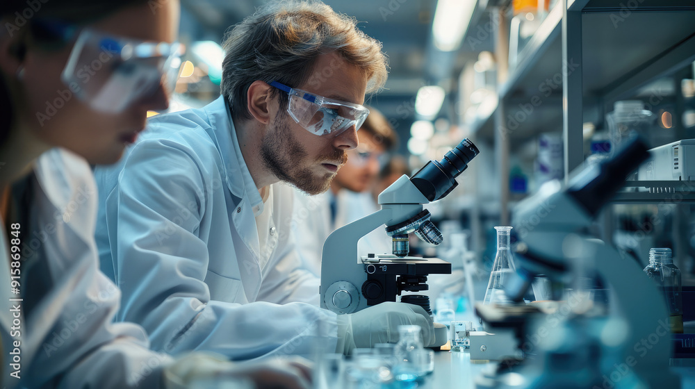 Poster A scientists use microscopes in the laboratory. Generative AI.