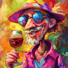 Contemplative cartoon character enjoying wine, fauvist style illustration in high definition