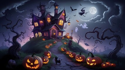 an enchanting Halloween scene with a haunted house on a hill, glowing jack-o'-lanterns, twisted trees, playful ghosts, a full moon, a witch on a broomstick, and eerie yet vibrant colors