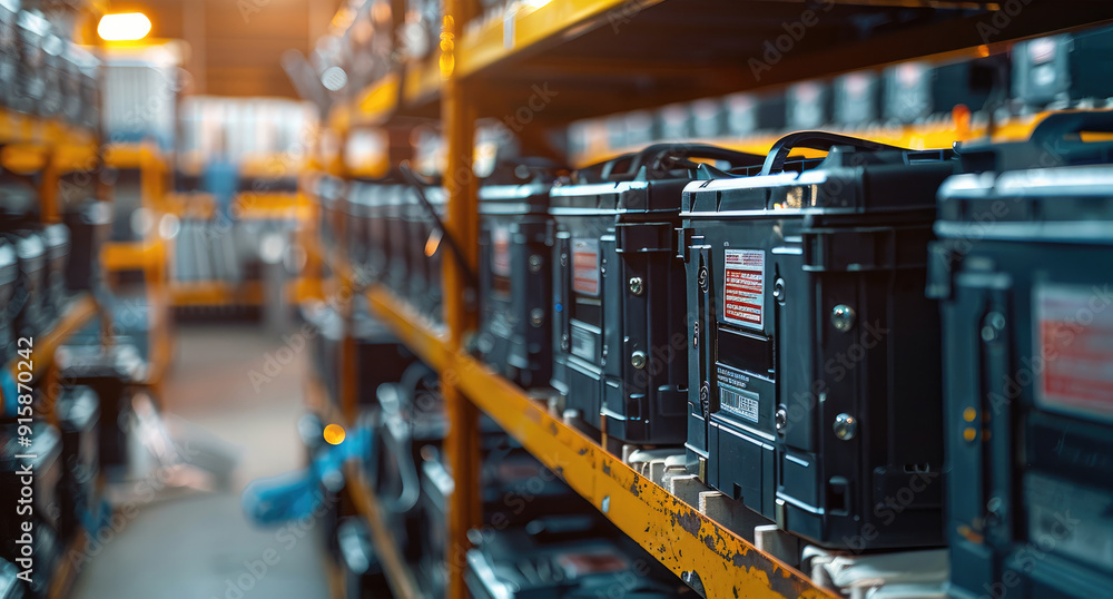 Poster a row of backup batteries, ready to provide emergency power supply during outages. generative ai.