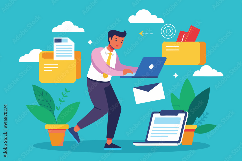 Poster a man is transferring files using his laptop while managing various documents and folders around him
