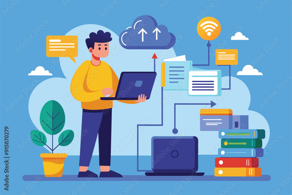 Poster a man is transferring data from his laptop to a cloud storage service in a vibrant digital workspace