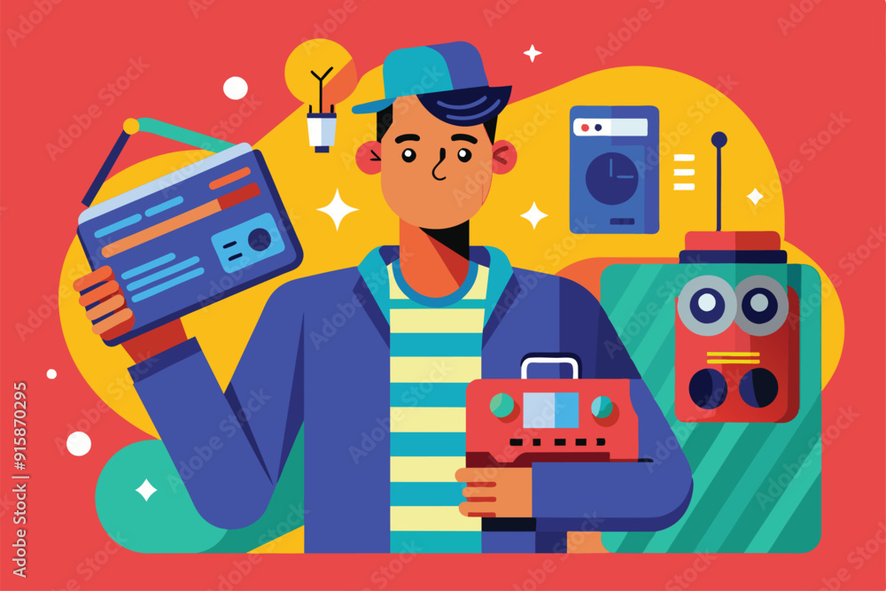 Poster a man holds various electronic devices and a credit card while surrounded by colorful objects in a l
