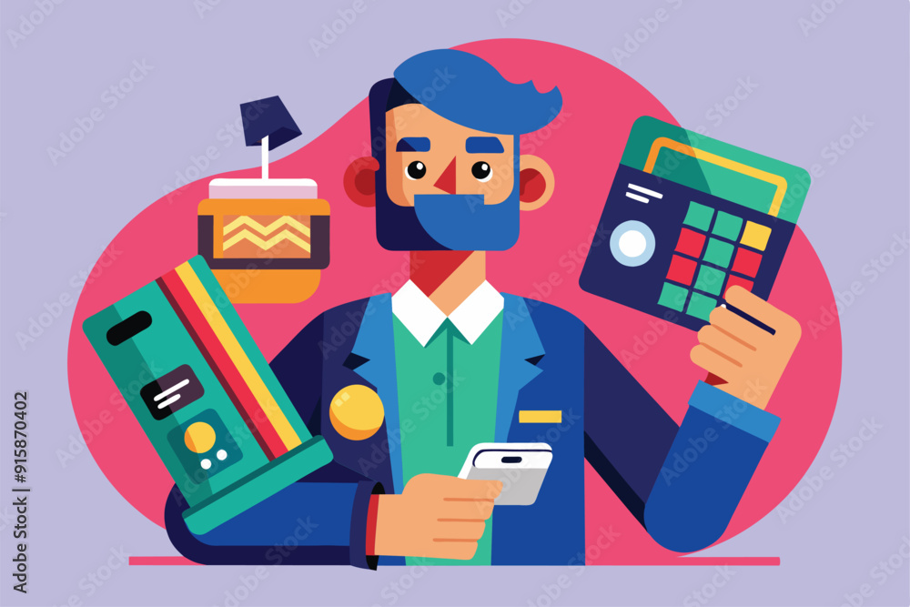 Poster a man is actively using an edc machine and a credit card while surrounded by vibrant devices in a li