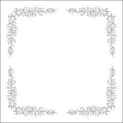 Black and white floral frame with leaves and glycine flowers, decorative corners for greeting cards, banners, business cards, invitations, menus. Isolated vector illustration.	
