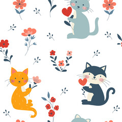 Seamless Pattern with cute cats and flowers. Vector illustration for for Textile, Stationery, animal product design
