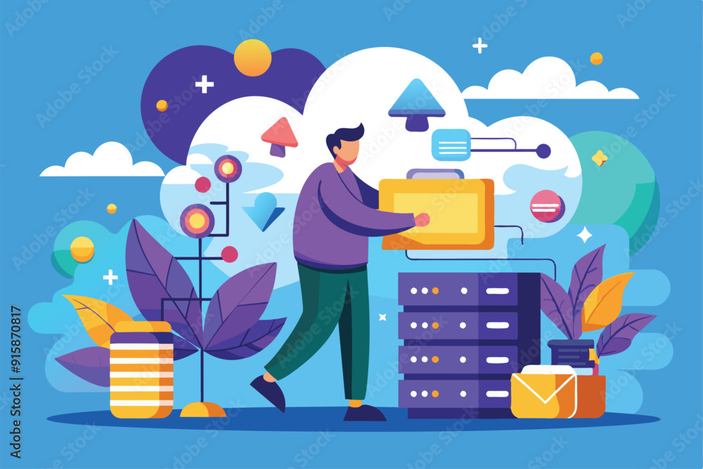 Poster a man is actively backing up data to the cloud while surrounded by vibrant digital graphics and stor