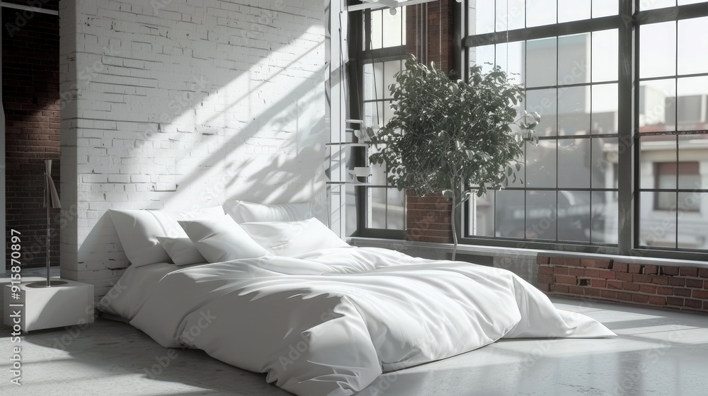 Sticker modern loft room with white pillows and bed sheets.