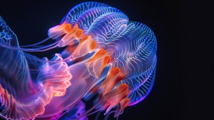 Naklejka premium Colorful and vibrant abstract jellyfish illustration glowing in dark water. Neon blue and reddish hues create a magical underwater scene. 