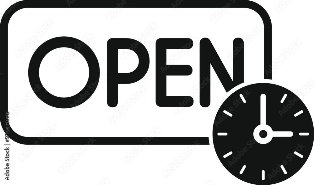Poster clock showing open time on signboard icon, simple style