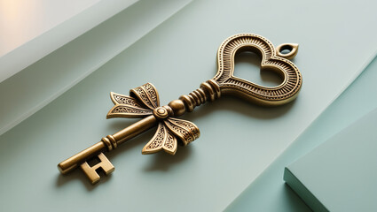 Intricately designed heart-shaped vintage gold key,