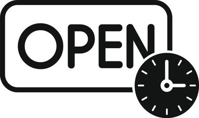 Clock showing open time on signboard icon, simple style