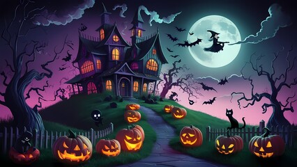 an enchanting Halloween scene with a haunted house on a hill, glowing jack-o'-lanterns, twisted trees, playful ghosts, a full moon, a witch on a broomstick, and eerie yet vibrant colors