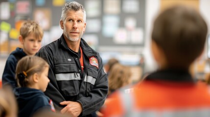 Firefighter Engaging With Students in Classroom During Safety Presentation