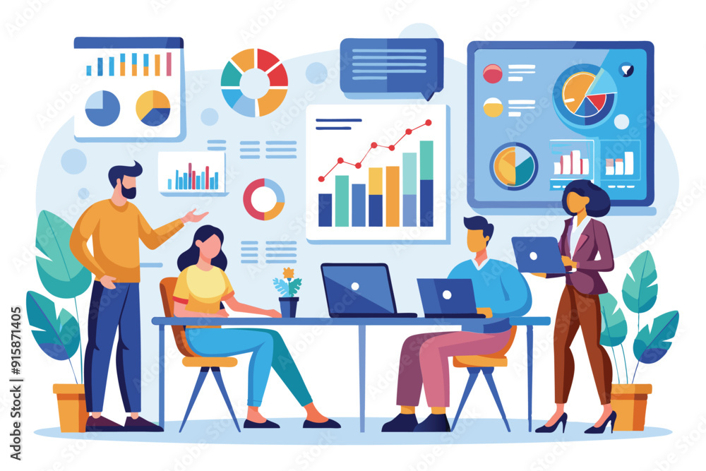 Poster business team members engage in analysis and monitoring discussions, reviewing data and visualizatio