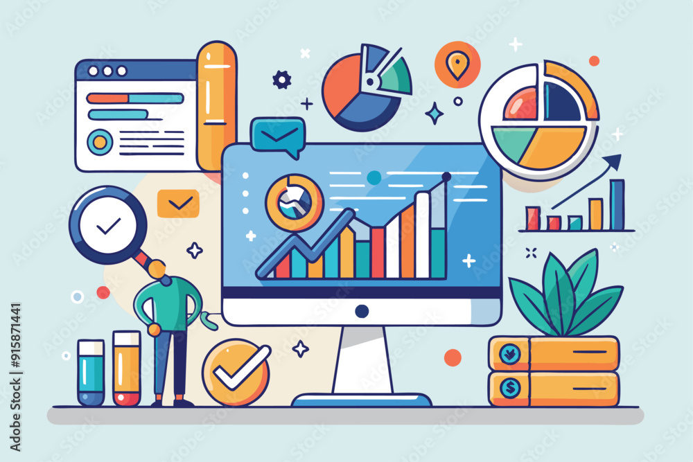 Aufkleber a digital representation showcases customizable analysis with vibrant graphs, charts, and tools in a