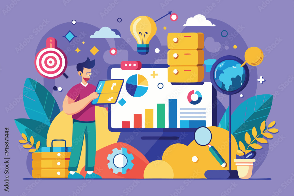 Poster a person engages with data visualization tools on a tablet while surrounded by charts, graphs, and v