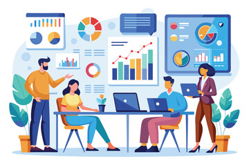 Fototapeta premium Business team members engage in analysis and monitoring discussions, reviewing data and visualizations while collaborating in a vibrant office setting
