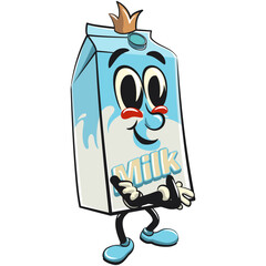 character of a cute milk box cartoon vector isolated clip art mascot illustration crowned like a king while folding his arms calmly, work of hand drawn
