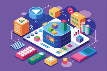 A vibrant illustration showcases various customizable tools for data analysis within a contemporary workspace setting