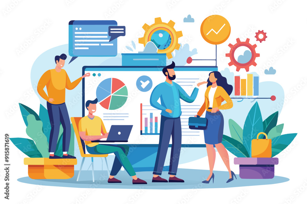 Poster a team collaborates on business project preparation, discussing strategies while analyzing data on a