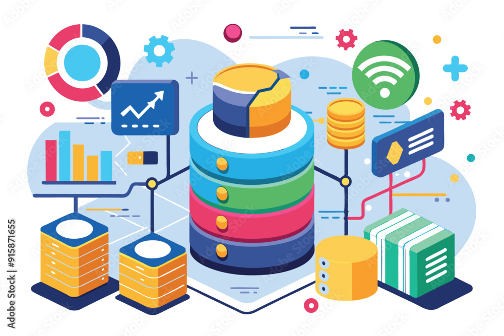 Poster engaging visuals highlight database analysis processes, showcasing charts, graphs, and data structur