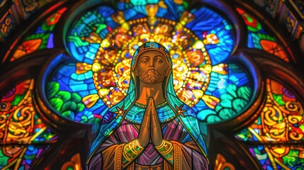 Obraz premium A colorful stained glass artwork showcases a figure in prayer surrounded by intricate designs and patterns