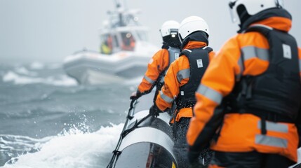 Coast Guard Rescuers Navigating Rough Waters in Orange Gear During Search Operations