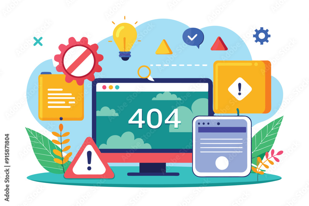 Poster a computer screen displays a 404 error surrounded by warning symbols, alerts, and icons representing