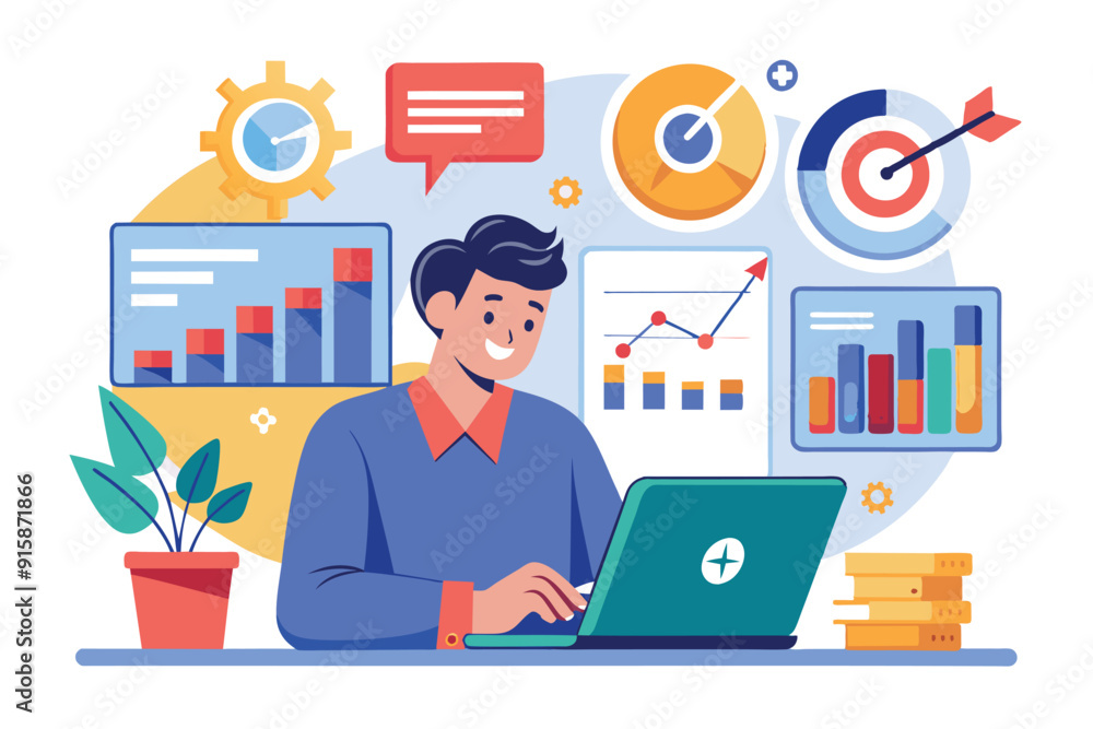 Poster an analyst engages with data trends and time targets using a laptop in a vibrant office filled with 