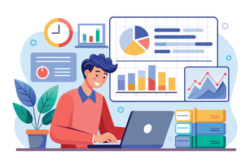 An analyst inputs data trends on a laptop surrounded by charts, graphs, and plants, representing a productive workspace