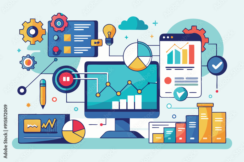 Poster a colorful analytics dashboard showcases various charts, gears, and data points, emphasizing data tr