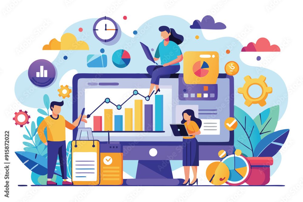 Aufkleber diverse characters analyze data on a customizable dashboard, interacting with graphs and charts whil