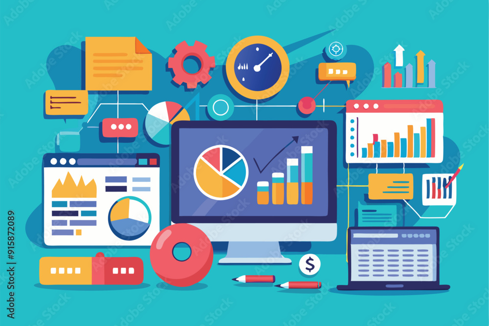 Poster a workspace is filled with customizable analytics tools, showcasing graphs, charts, and metrics on c