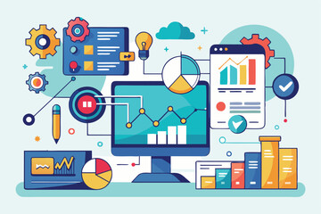 A colorful analytics dashboard showcases various charts, gears, and data points, emphasizing data trends and insights in a contemporary office environment