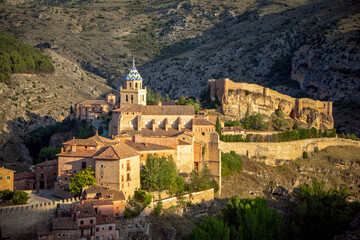 Panoramic view, from the castle, of the artistic historic center of Albarracín, Teruel, Aragon,...