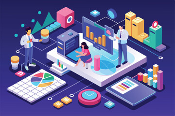 Fototapeta premium Users interact with an analytics dashboard while analyzing data visualizations and charts in a vibrant isometric setting